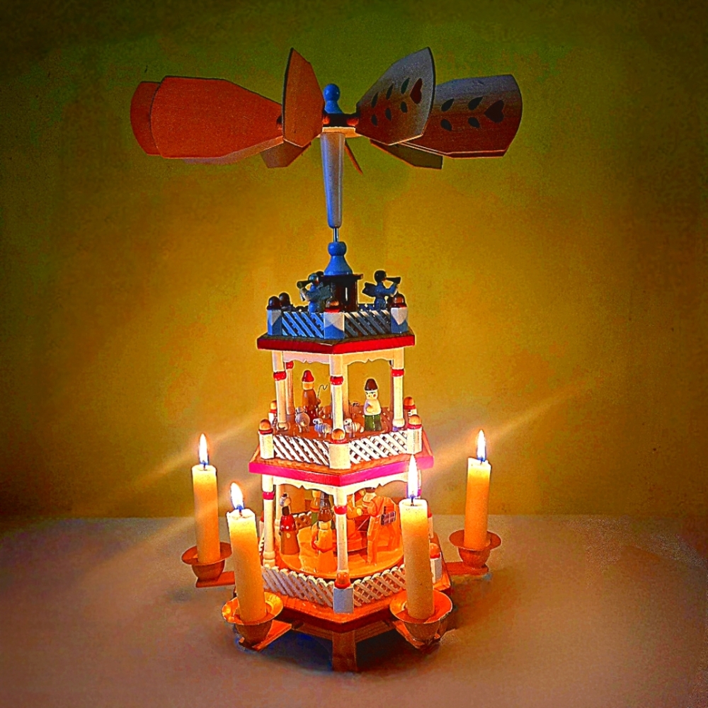 Vintage 1970s German Style Wooden Pyramid/Carousel/Windmill with Nativity Scenes